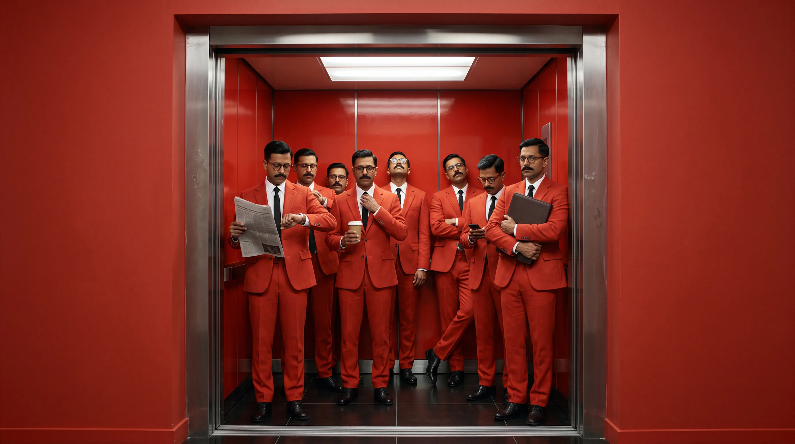The same man, eight times over, in matching red suits and glasses, packed into a red lift. Made with Nano Banana 2.1.