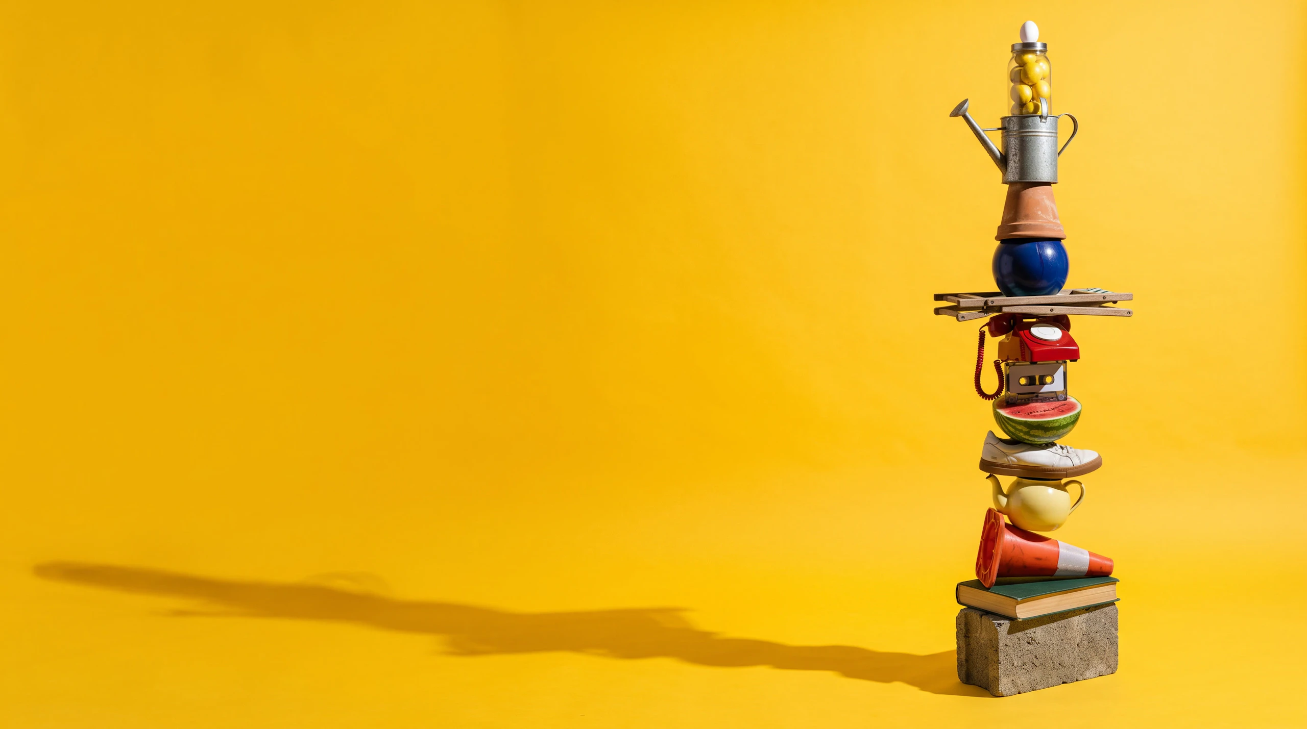 All 14 reference objects balanced in one tall tower on a yellow floor, a cinder block at the base and a long shadow stretching left. Made with Nano Banana 2.1.