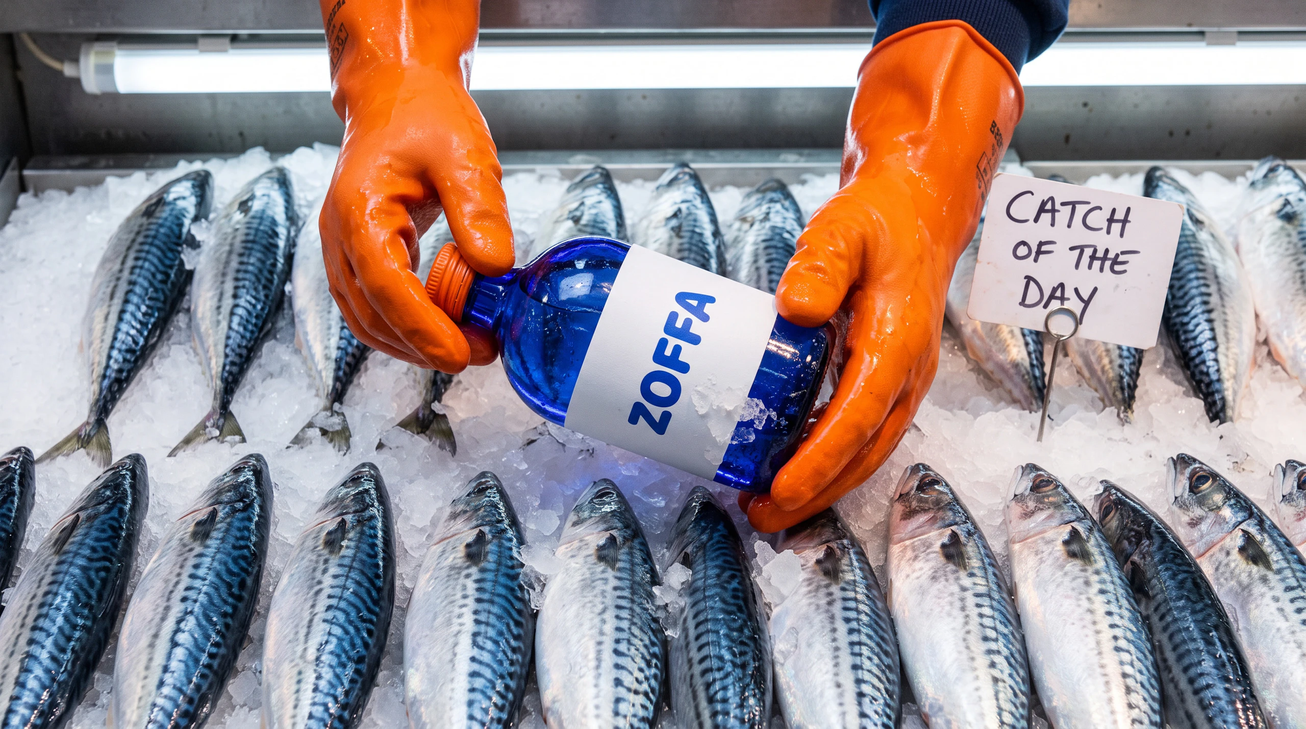 Orange-gloved hands lift the ZOFFA bottle from a bed of mackerel on crushed ice, beside a Catch of the Day card. Made with Nano Banana 2.1.