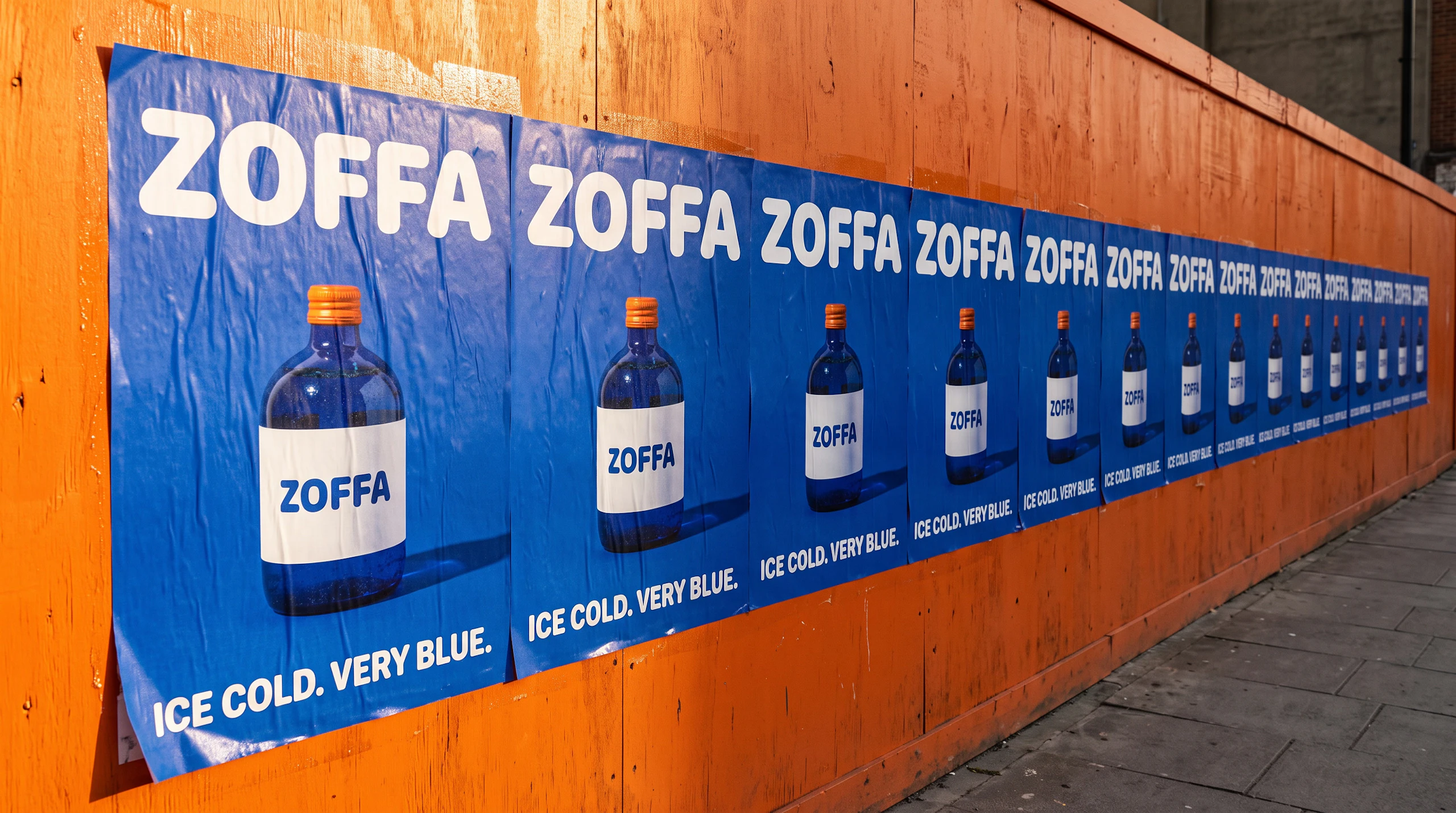 A row of blue ZOFFA posters along an orange site hoarding, each showing the bottle and the line Ice cold. Very blue. Made with Nano Banana 2.1.
