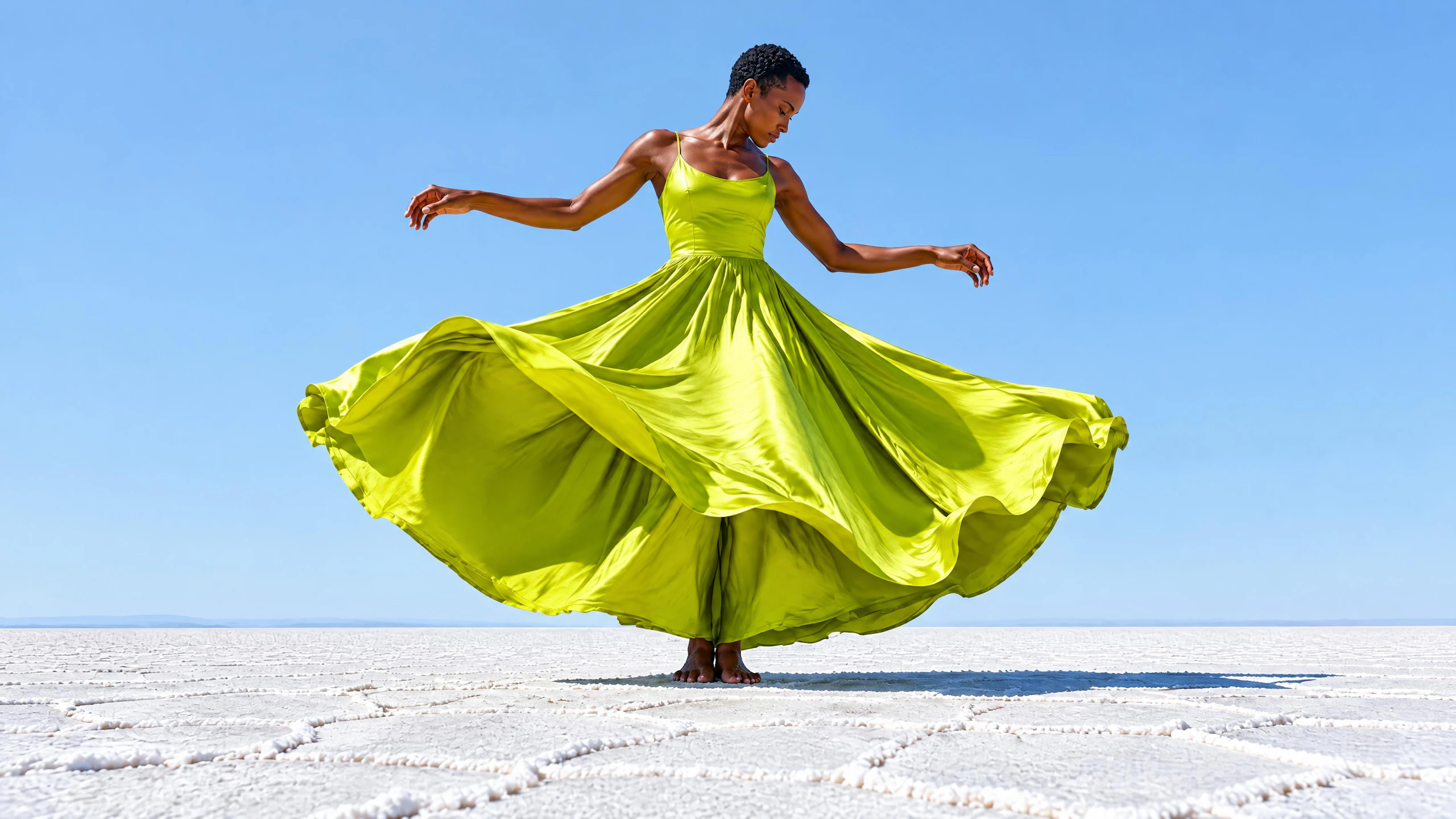 A dancer in a long chartreuse silk dress spins on a white salt flat under a clear pale-blue sky, her skirt flung out in a wide wheel. Made with GPT Image 2.5 Flare.