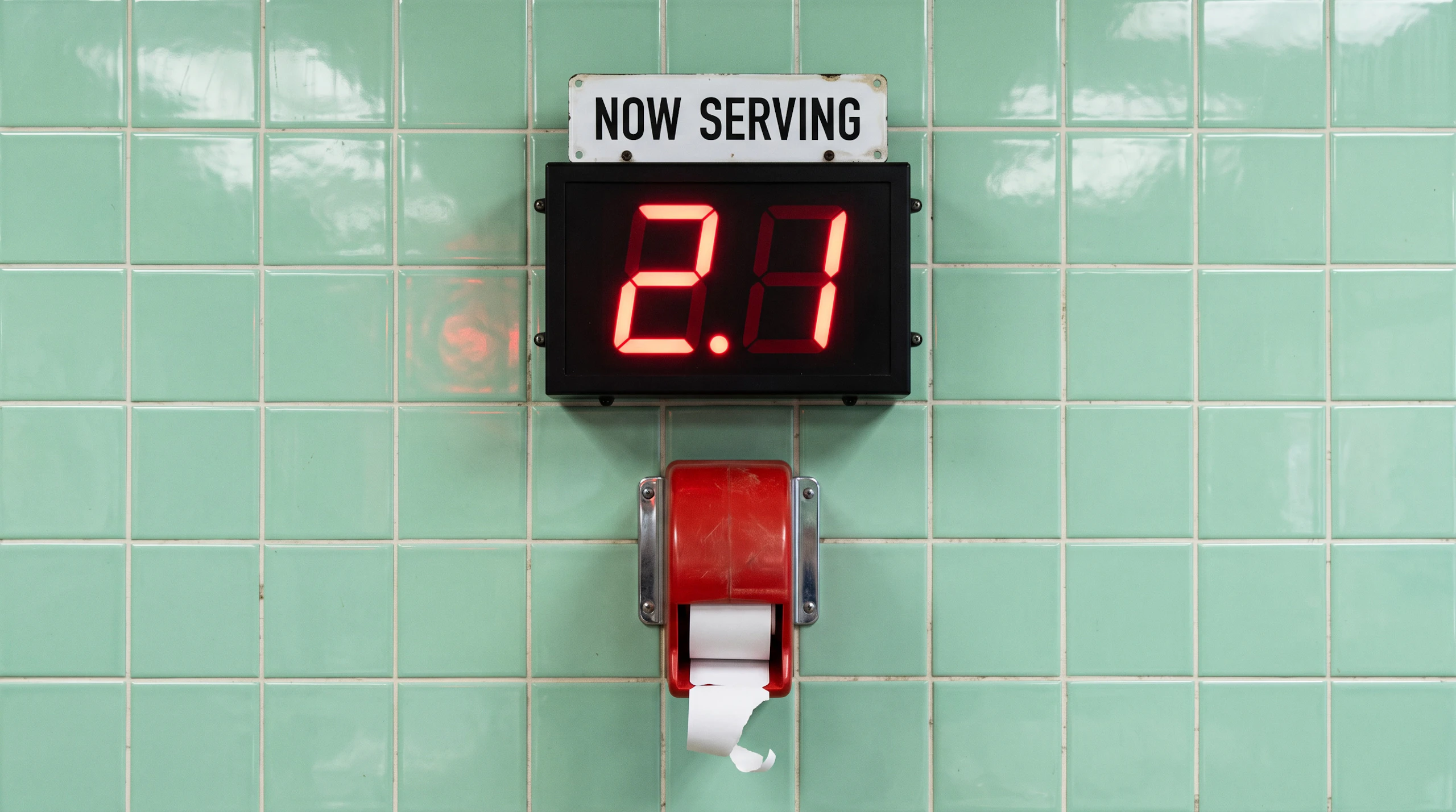 A Now Serving sign glowing 2.1 in red, above a ticket dispenser on mint-green tiles. Made with Nano Banana 2.1.