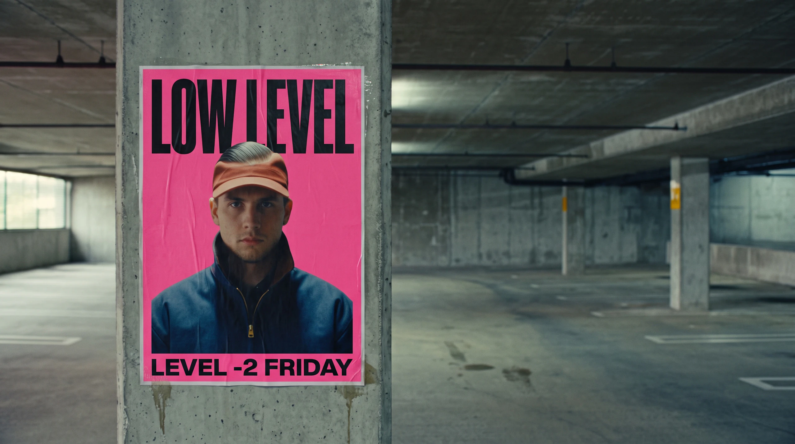 A pink Low Level gig poster of the man from the video, pasted on a pillar in the same concrete car park. Made with Nano Banana 2.1.