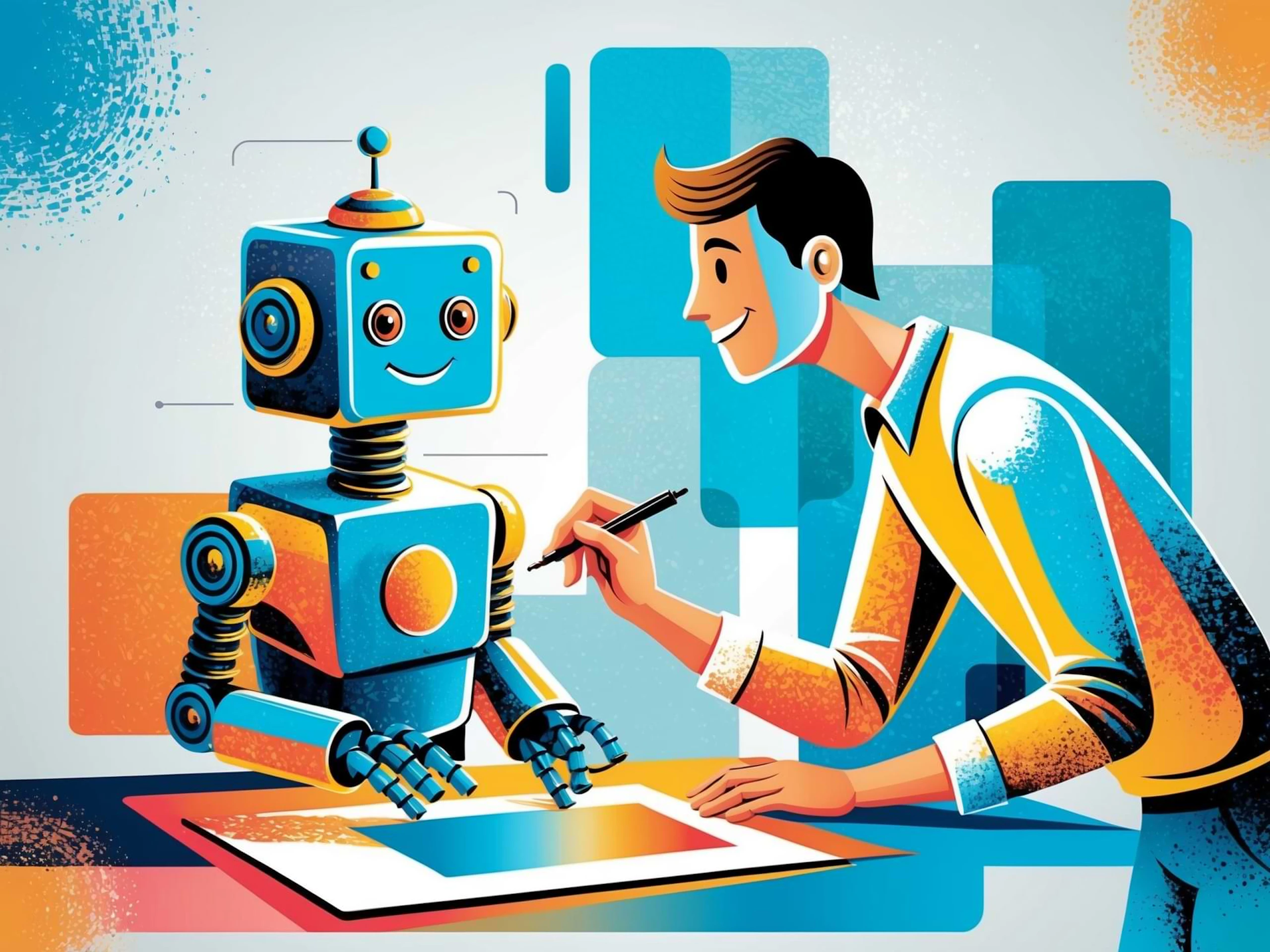 graphic design illustration of an human and robot working on an ai graphic design