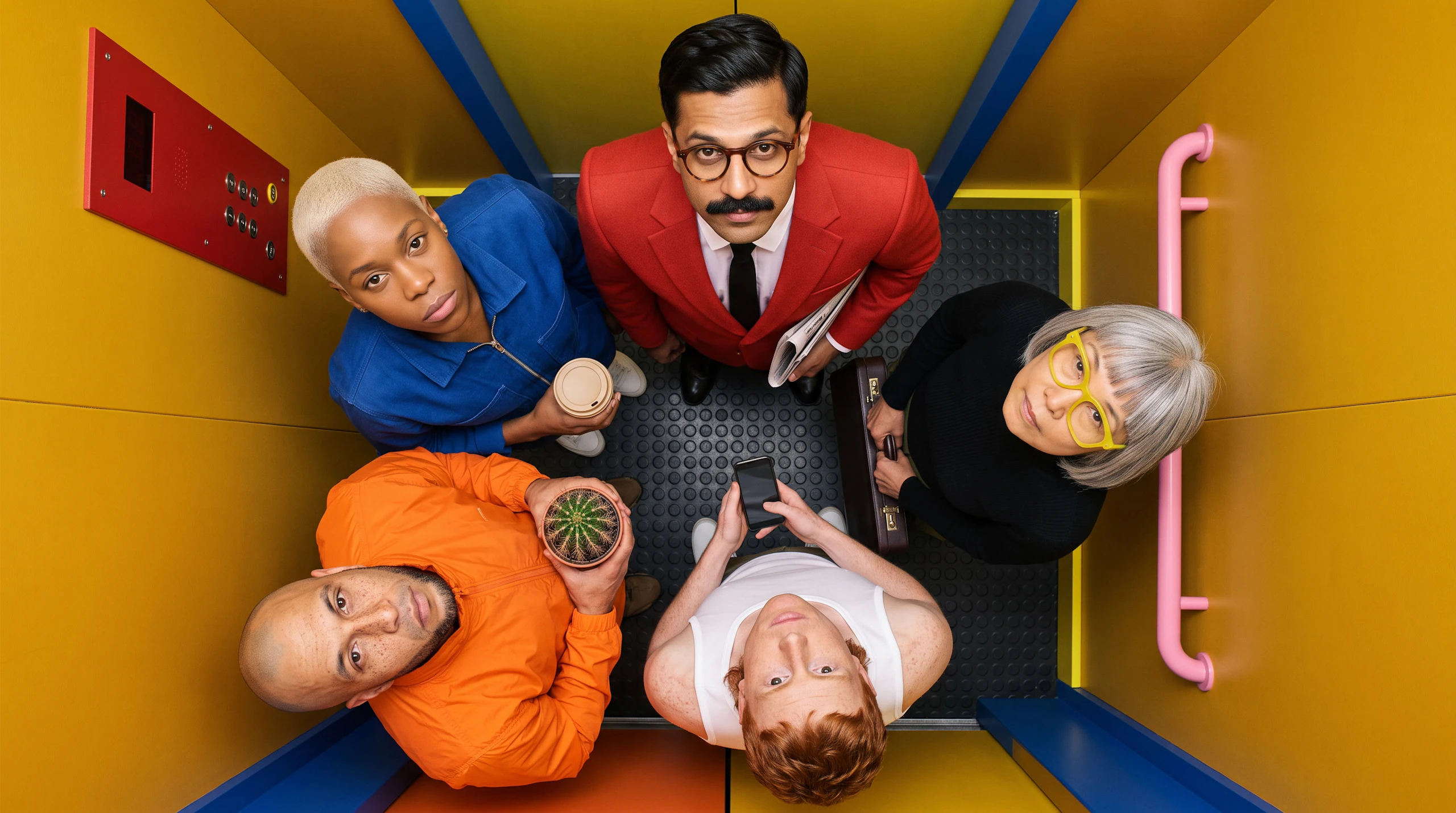 All five people from the reference portraits, seen from above in a mustard lift, look up at the camera, each with something different in hand. Made with Nano Banana 2.1.