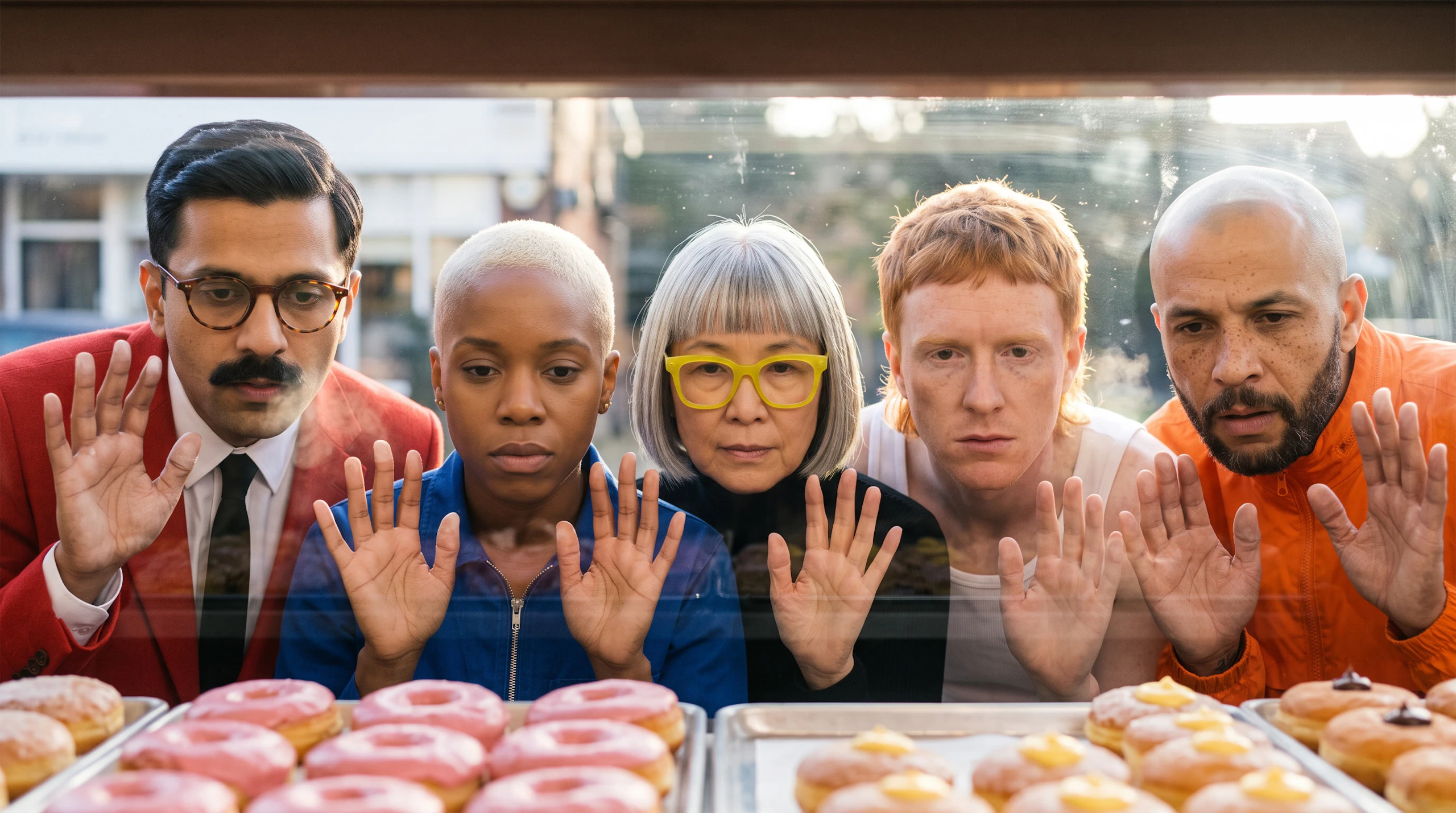 All five people from the reference portraits press their hands to a bakery window, eyeing trays of pink and custard doughnuts. Made with Nano Banana 2.1.