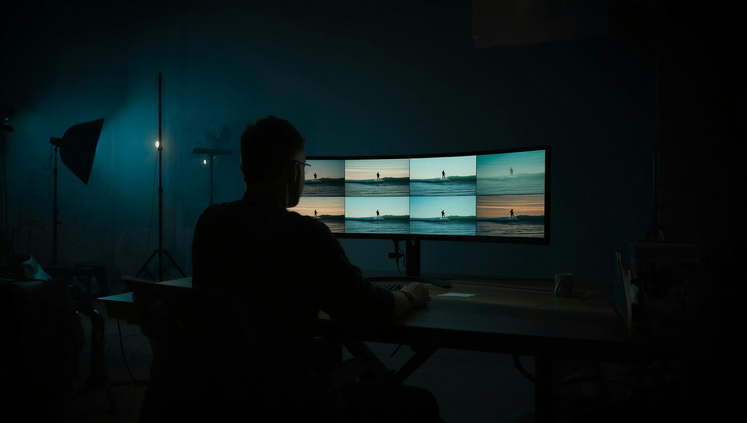 Filmmaker reviewing eight takes of the same surf scene on a director's monitor, generated with Leonardo.Ai