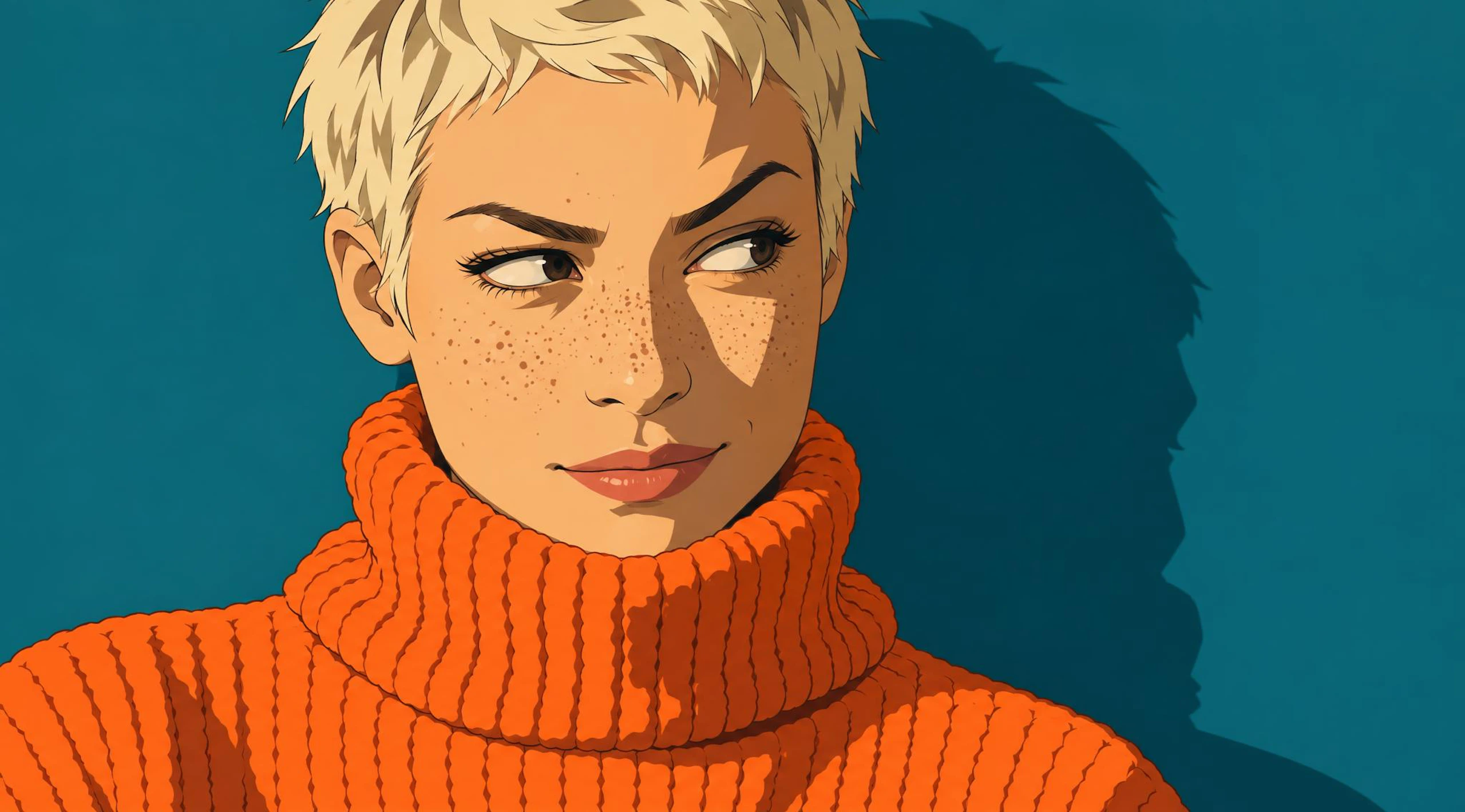 The same woman redrawn as a hand-drawn anime still, in a tangerine roll-neck against a flat teal wall. Made with GPT Image 2.5 Sunburst.