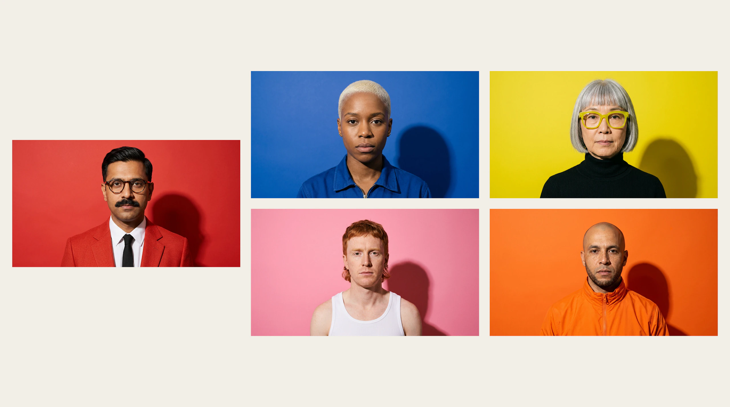 Reference portraits of the five-person cast: the man in the red suit, a woman with a bleached buzz cut, a woman with a silver bob and yellow glasses, a red-haired man in a white vest and a bald man in an orange jacket.